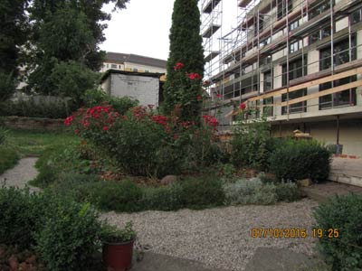 Gartenansicht mit denkmalschutzgerechtem Bauwerk dörflichen Charakters